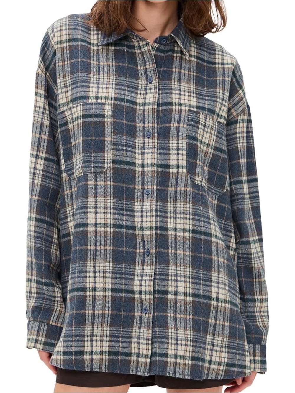 Lioness Oversized Plaid Button Down Shirt Blue Cream XS